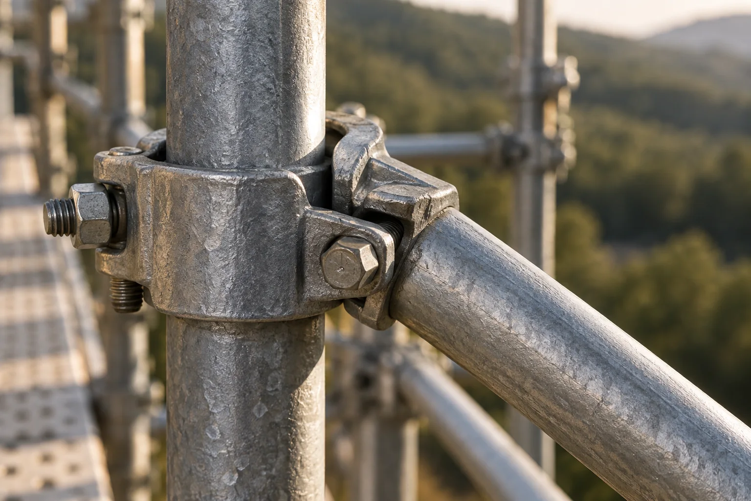 Detail of connected steel scaffolding tubes and couplers